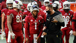 Kliff Kingsbury and Kyler Murray talk on sideline before Cardinals' game against Bills